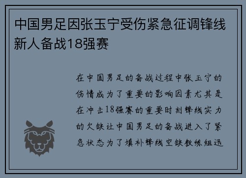 中国男足因张玉宁受伤紧急征调锋线新人备战18强赛 中国男足因张玉宁受伤紧急征调锋线新人备战18强赛
