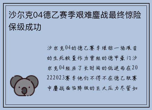 沙尔克04德乙赛季艰难鏖战最终惊险保级成功